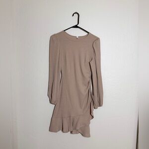 Beige Long Sleeve Ribbed Dress
